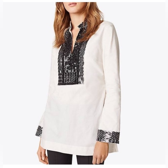 NEW! Tory Burch tunic Ivory & Black Embellished sequins Tunic size 6 - Picture 1 of 15
